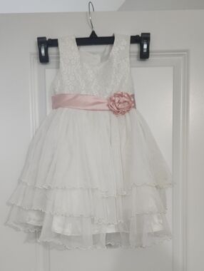 Jona Michelle White Layered Tulle Dress with Pink Sash and Rosette